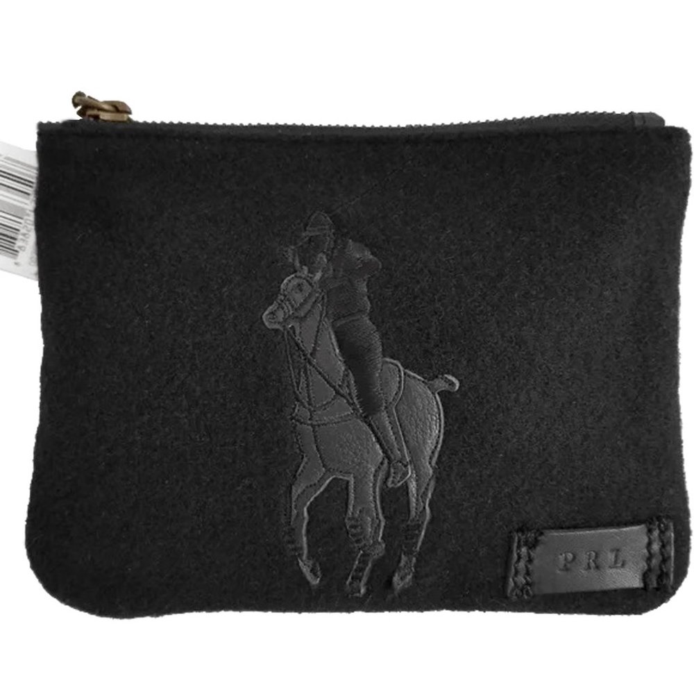 NEW! Polo Ralph Lauren Black Wool Felt Travel Pouch (Bag)! Big Leather Pony